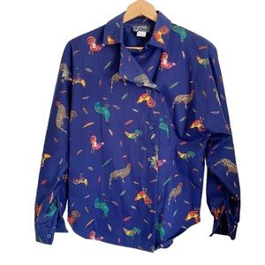 S. Waddington Blue Colorful rooster chicken feathers chefs coat jacket size 4